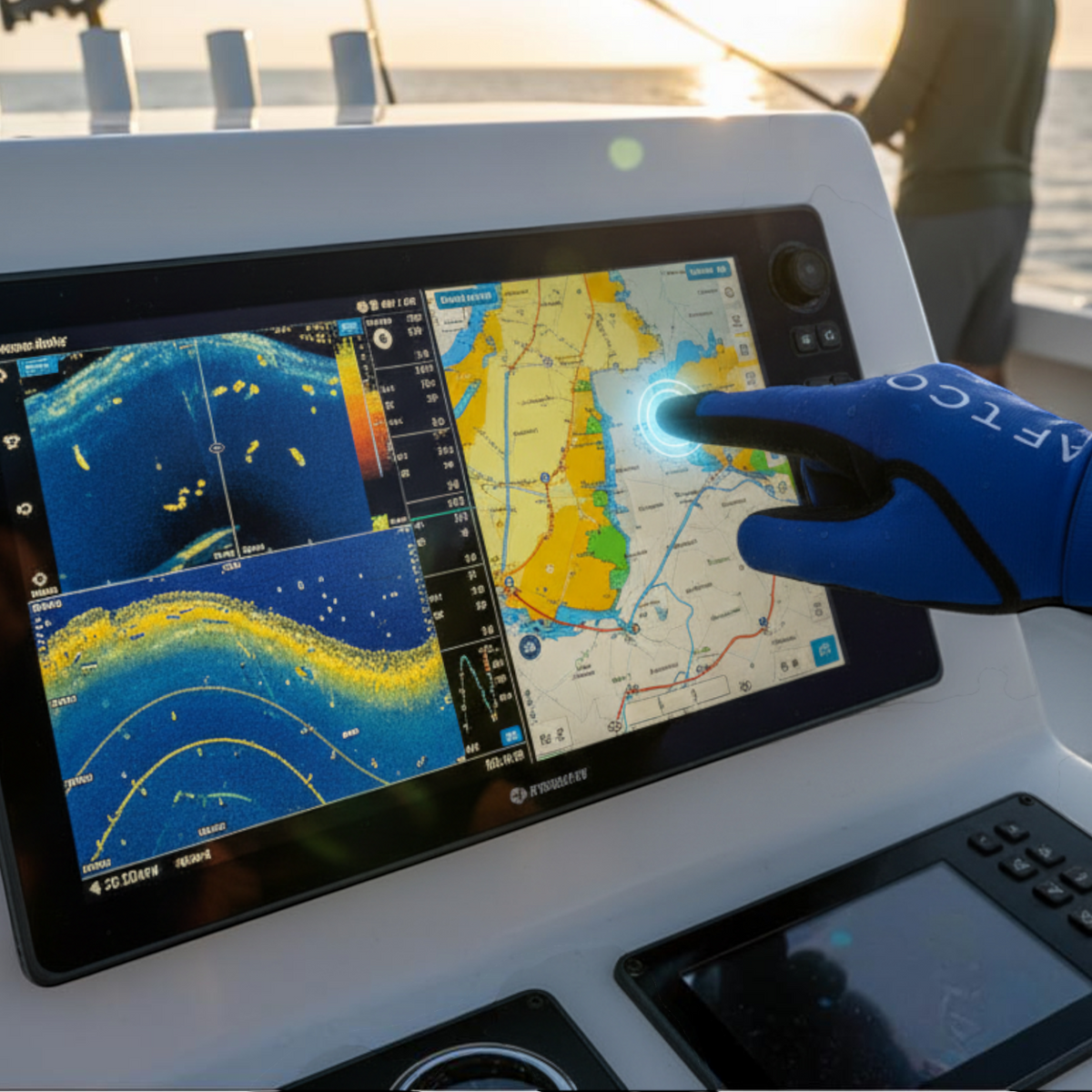 Dogfish Tackle & Marine blue Aftco utility fishing glove touching a boat's touchscreen marine navigation display