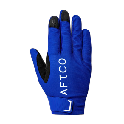 Dogfish Tackle & Marine Aftco blue utility fishing gloves with touchscreen-compatible fingers and adjustable wrist