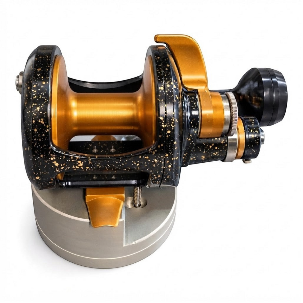 Dogfish Tackle & Marine Accurate Valiant 2 conventional fishing reel in black and gold flake finish on a display stand.