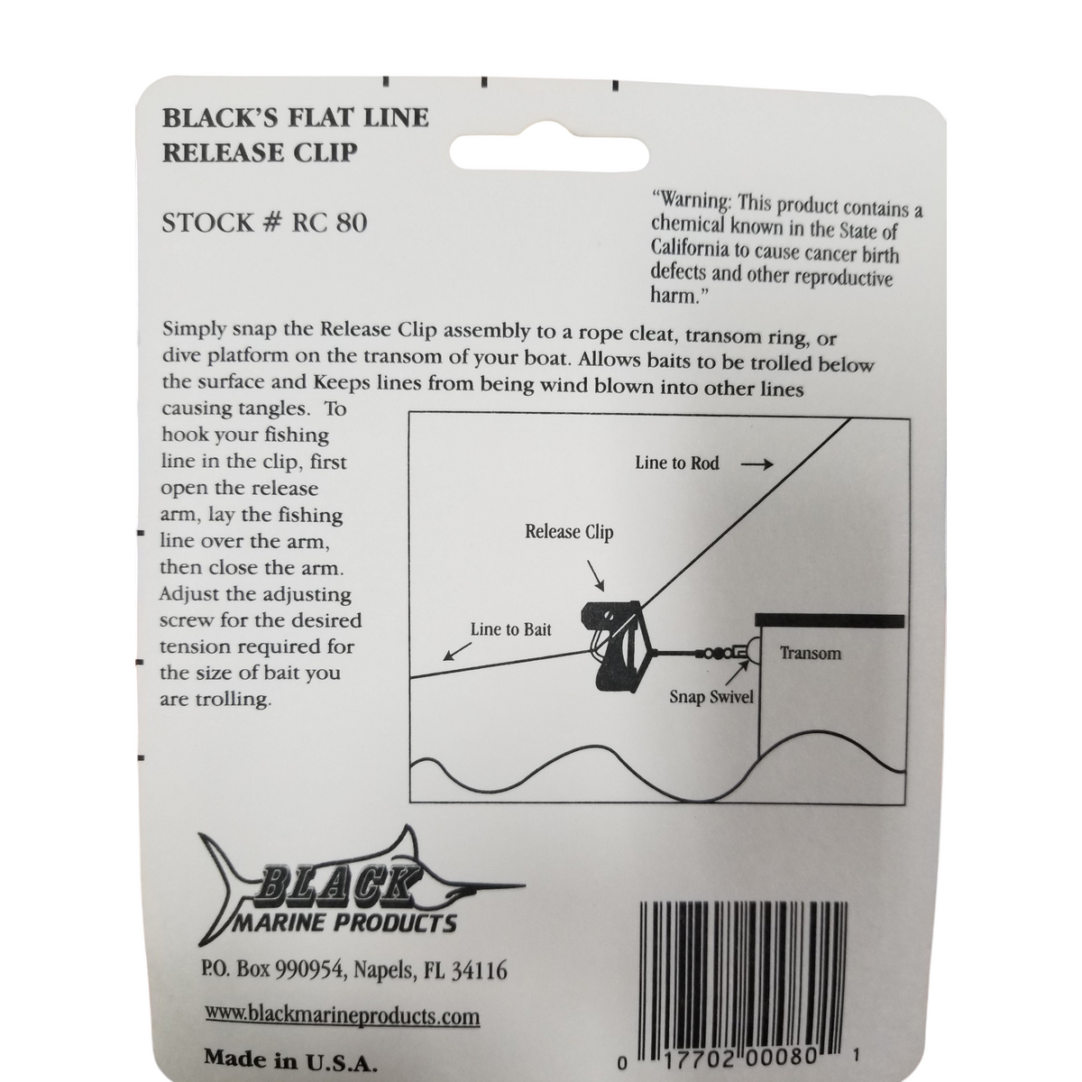 Blacks Original Flat Line Release Clip RC-80 - Dogfish Tackle & Marine