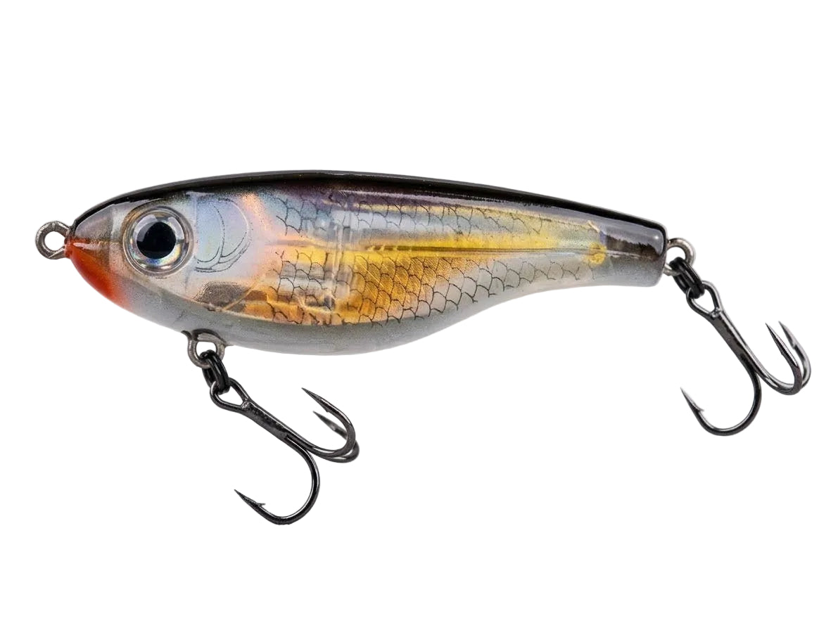 A hard bait fishing lure with a realistic fish design, featuring a silver body with gold and orange scales, a black top, and a red-orange belly, complete with two treble hooks.