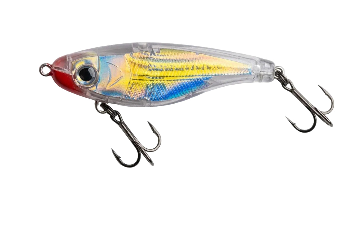 A clear plastic fishing crankbait lure with a yellow, blue, and red patterned body, featuring two black treble hooks, shown on a light gray background with a size label 'S' in the top left.