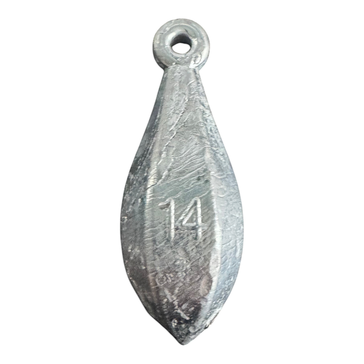 Dogfish Tackle & Marine 14 oz lead bank sinker for bottom fishing with a streamlined shape and eyelet