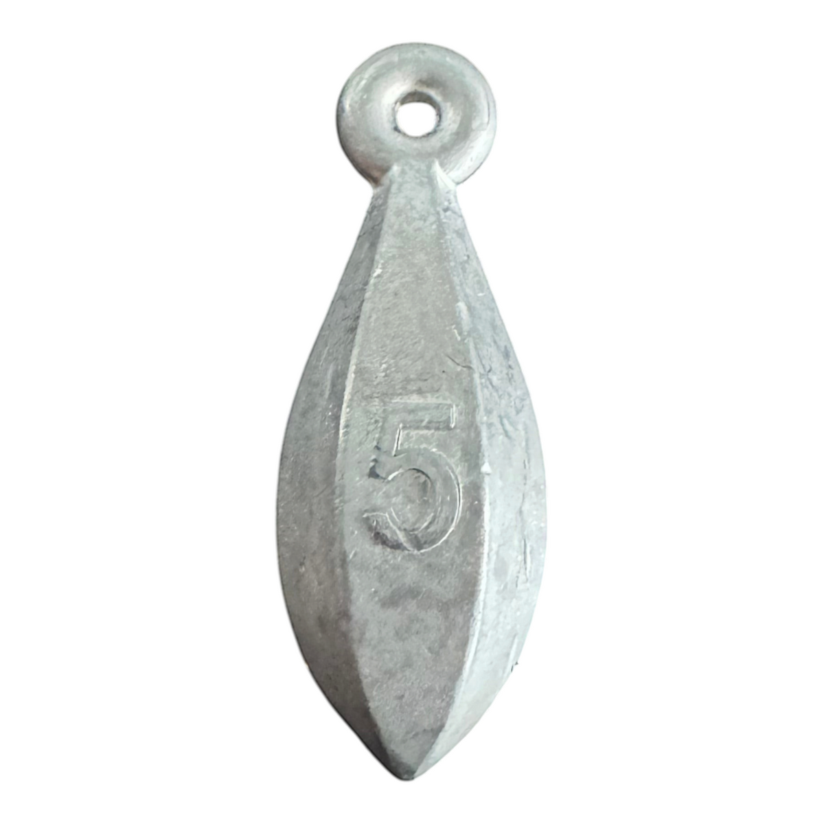 Dogfish Tackle & Marine 5 ounce lead bank sinker for bottom fishing with a streamlined shape and eyelet
