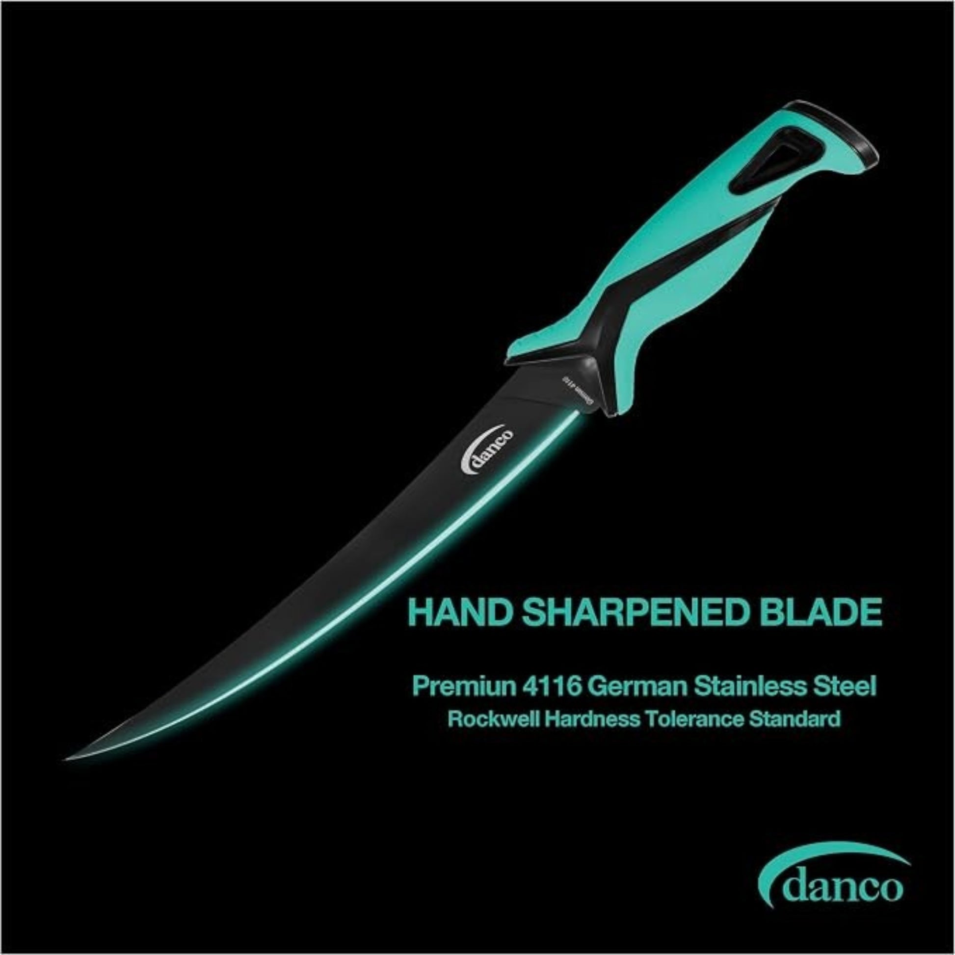 Dogfish Tackle & Marine Danco 7-inch Pro Series fillet knife with a black Teflon-coated blade and teal molded grip.