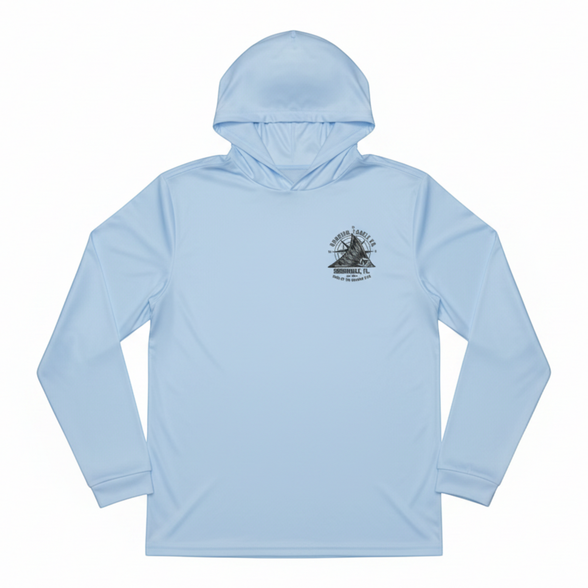 Dogfish Tackle & Marine light blue long sleeve performance hoodie with moisture-wicking microfiber polyester fabric.