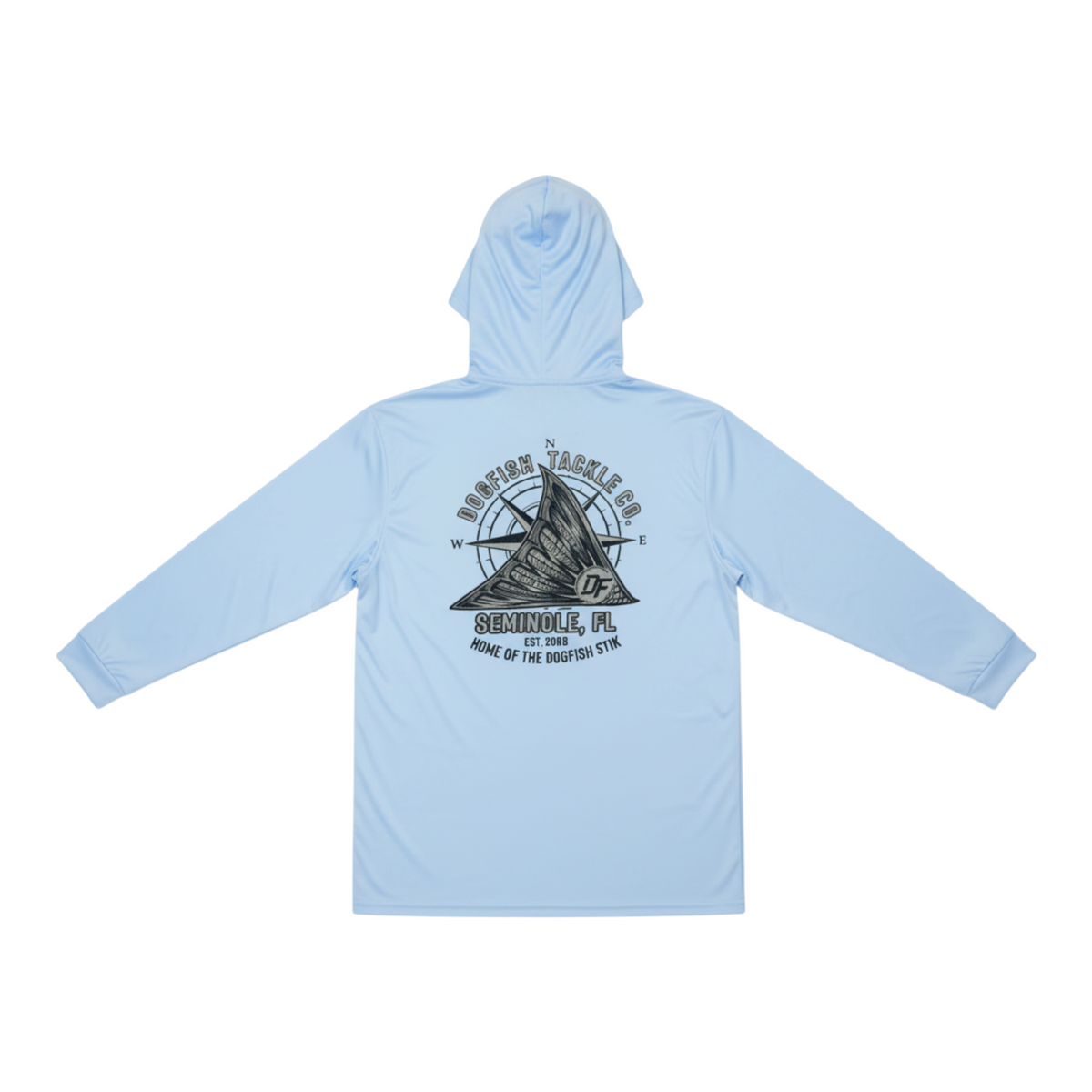 Back view of a light blue Dogfish Tackle & Marine long sleeve performance fishing hoodie with a compass logo graphic.