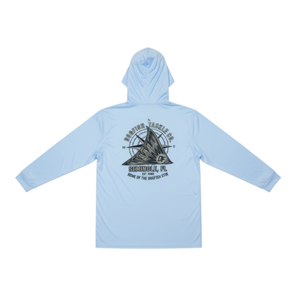 Back view of a light blue Dogfish Tackle & Marine long sleeve performance fishing hoodie with a compass logo graphic.
