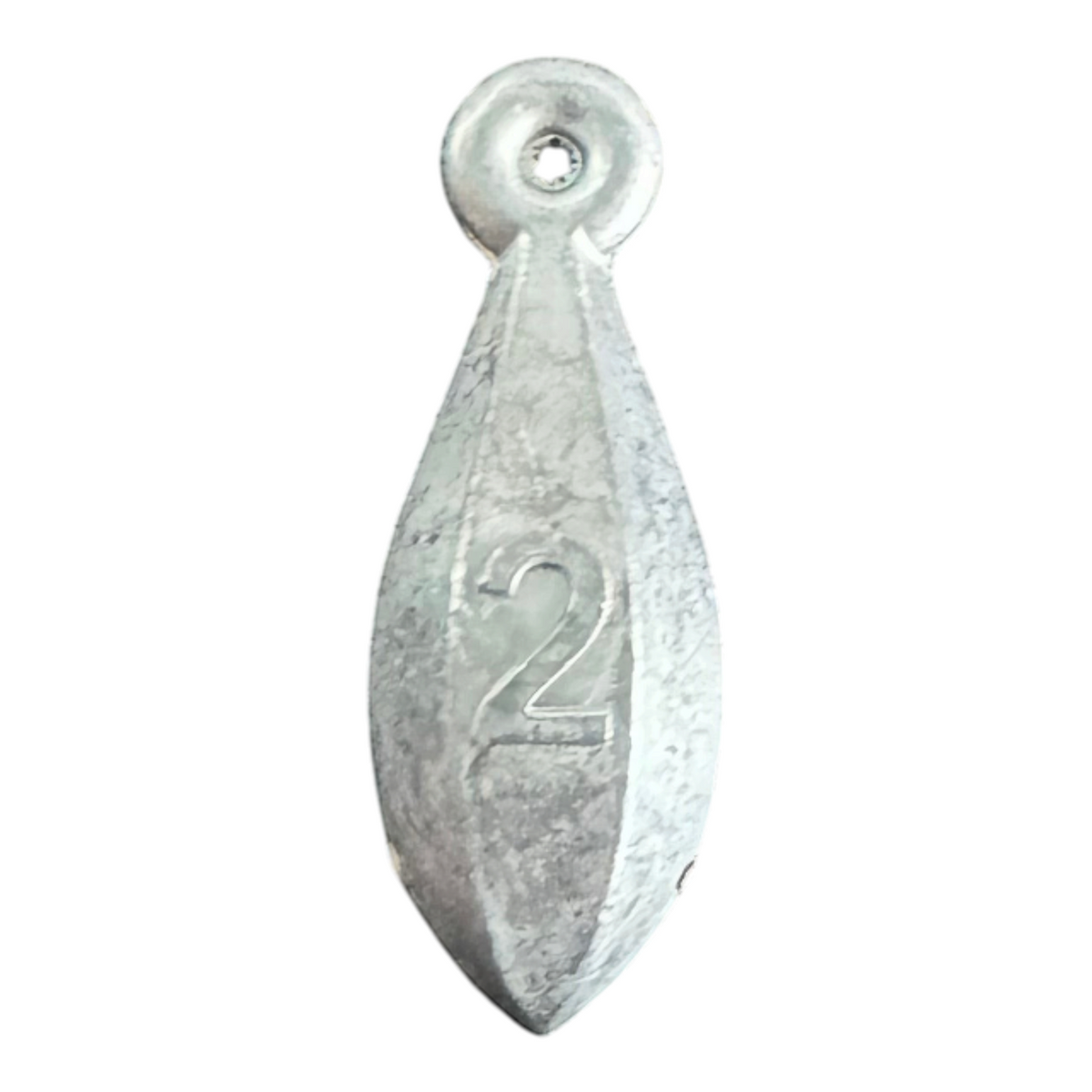 Dogfish Tackle & Marine 2 ounce lead bank sinker for bottom fishing with a streamlined teardrop shape