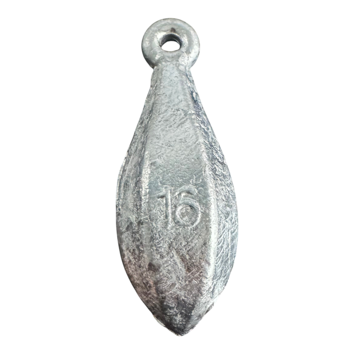 Dogfish Tackle & Marine 16 ounce lead bank sinker for bottom fishing with a teardrop shape on a dark surface