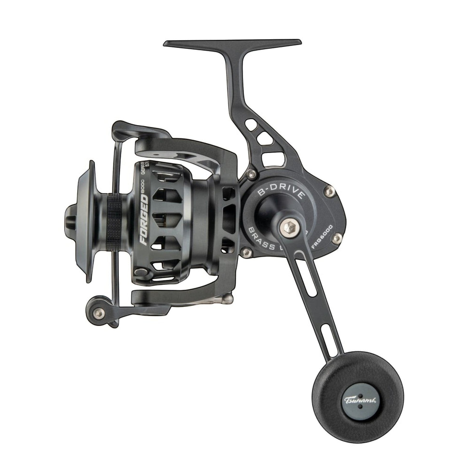 Dogfish Tackle & Marine Tsunami Forged saltwater spinning reel in matte black with aluminum body and power handle.
