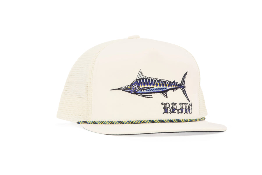 Bajio Black Marlin - Flat Brim Twill Trucker Hat - Dogfish Tackle & Marine