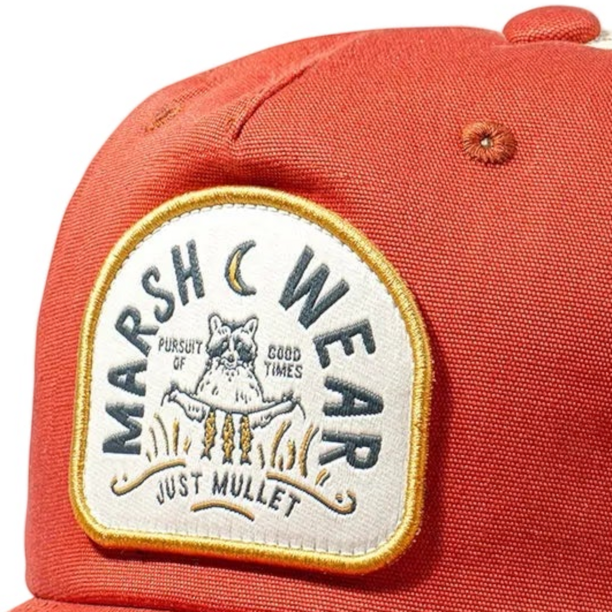 Dogfish Tackle & Marine Marsh Wear red cotton canvas 6-panel trucker hat with a detailed woven campfire patch