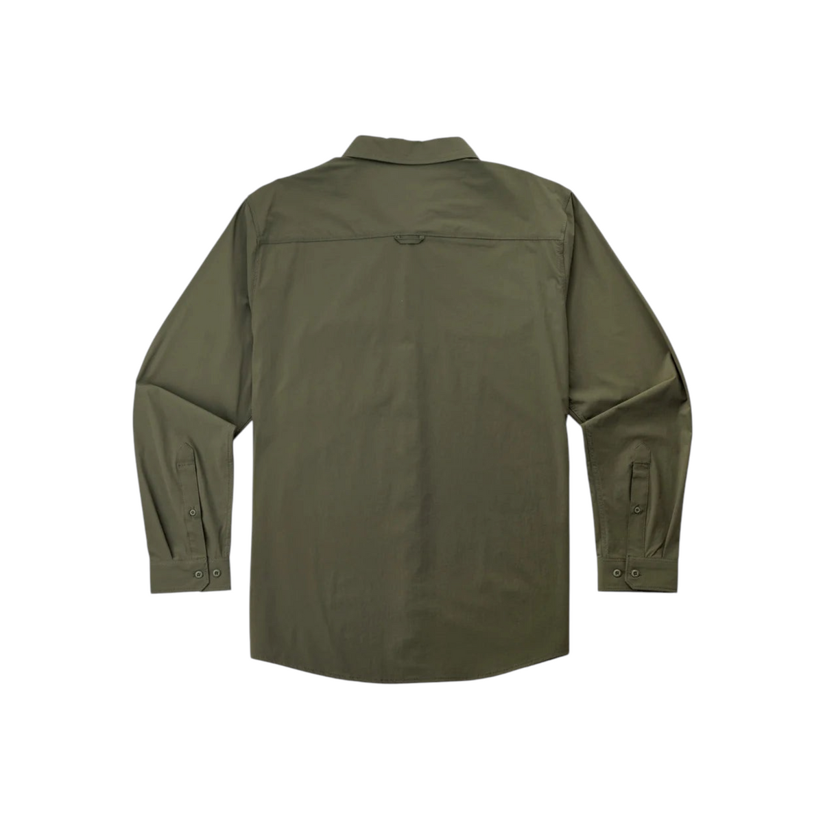 Back view of the olive green Dogfish Tackle & Marine Marsh Wear Big Pine field shirt with shoulder overlay detail.