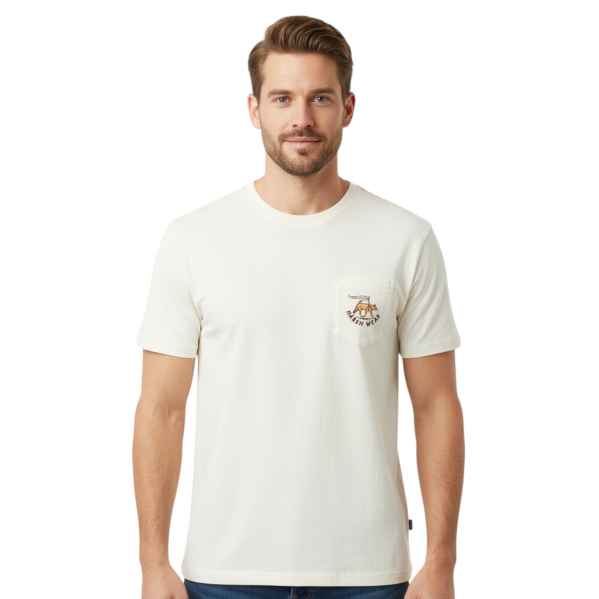 Dogfish Tackle & Marine Marsh Wear Mission off-white cotton t-shirt with a front chest pocket and graphic logo