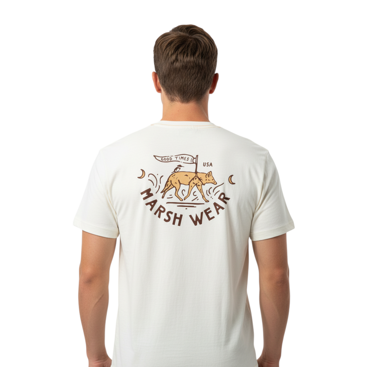 Dogfish Tackle & Marine Marsh Wear Mission T-Shirt in off-white cotton with a back graphic of a coyote and flag.