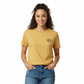 Dogfish Tackle & Marine model wearing a mustard yellow Marsh Wear cotton crew neck t-shirt with chest logo