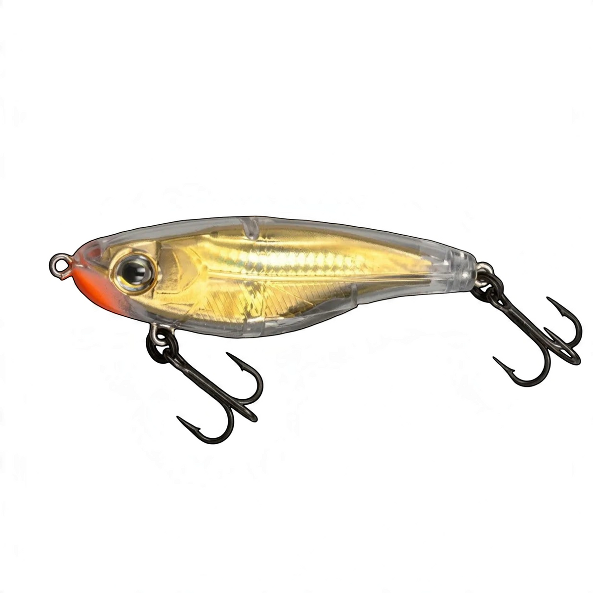 A gold and clear plastic fishing lure with a bright orange-red tail and black treble hooks, shown on a neutral gray background.