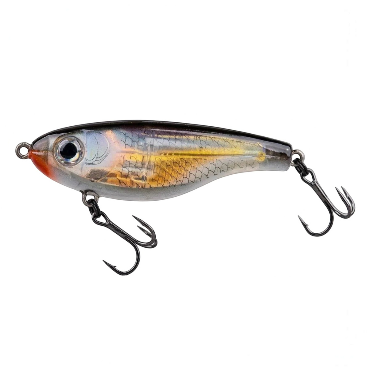 A hard bait fishing lure with a realistic fish design, featuring a silver body with gold and orange scales, a black top, and a red-orange belly, complete with two treble hooks.