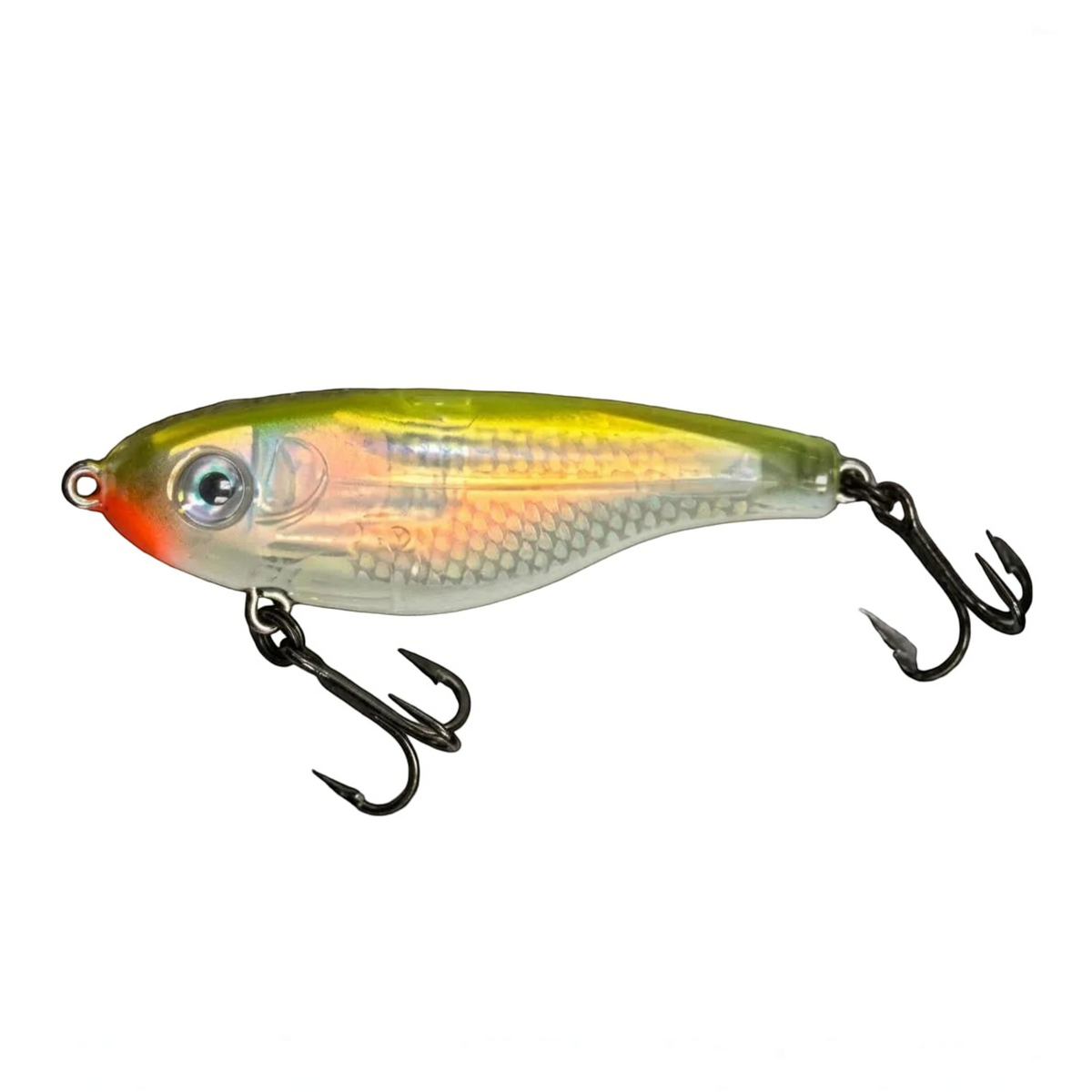 A hard fishing lure with a translucent body, yellow top, orange-red belly, and black treble hooks, shown on a textured gray background.