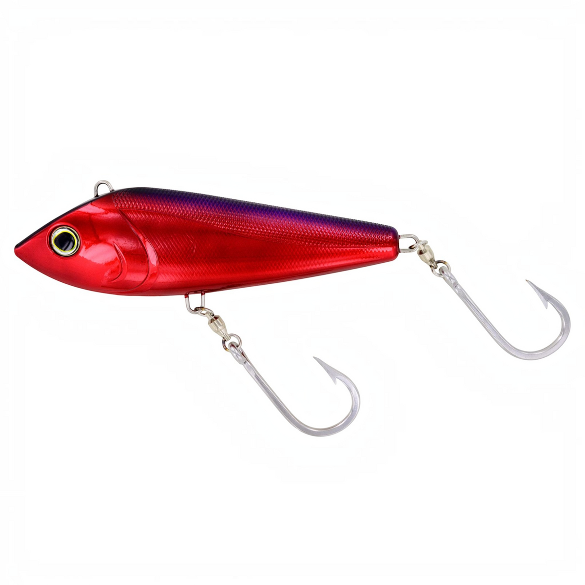 Dogfish Tackle & Marine Yo-Zuri Bonita sinking trolling lure in metallic red with purple back and forged steel hooks.