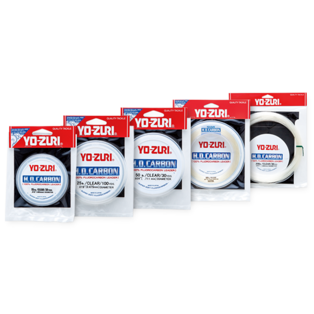 Dogfish Tackle & Marine Yo-Zuri H.D. Carbon clear fluorocarbon fishing leader spools in various pound test ratings.