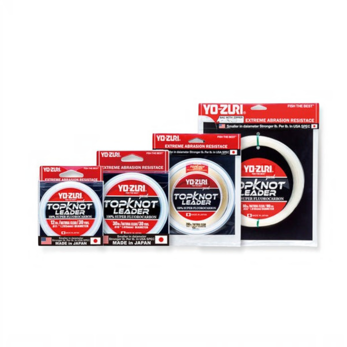 Dogfish Tackle & Marine Yo-Zuri Top Knot Fluorocarbon Leader spools in various sizes for durable fishing line