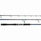 Dogfish Stik spinning fishing rod with black graphite blank, blue accents, EVA foam grip, and Alps guides.