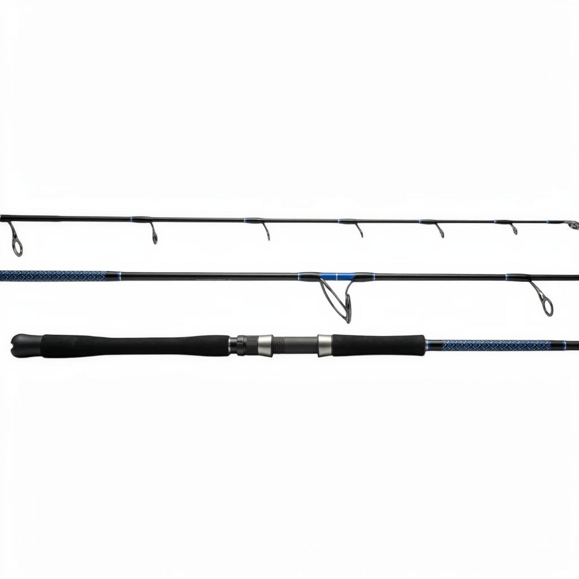 Dogfish Stik spinning fishing rod with black graphite blank, blue accents, EVA foam grip, and Alps guides.