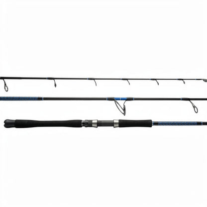 Dogfish Stik spinning fishing rod with black graphite blank, blue accents, EVA foam grip, and Alps guides.