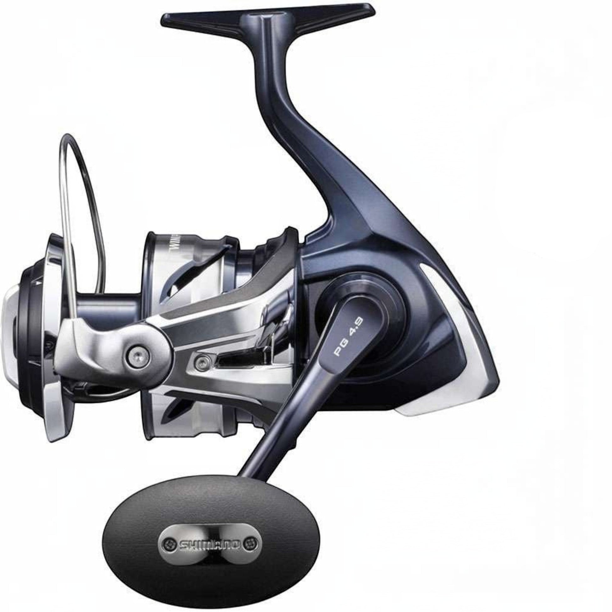 Shimano Twinpower SW spinning reel in dark blue and silver with a black handle and silver spool.