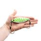 Dogfish Tackle & Marine Angler Co Widowmaker Jig, 150g slow pitch jig with white and green striped pattern, shad-profile body, and two assist hooks.