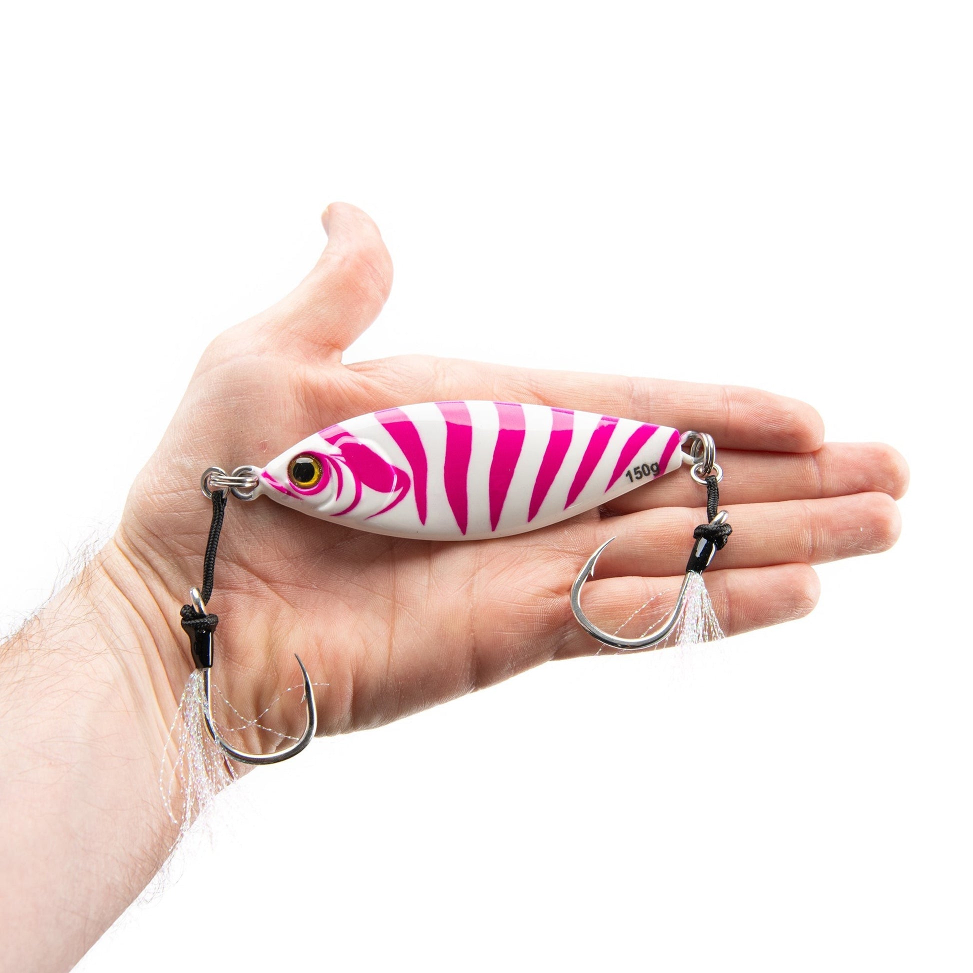 Dogfish Tackle & Marine Angler Co Widowmaker Jig, 150g slow pitch jig with white and pink stripes, shad profile, and two assist hooks.
