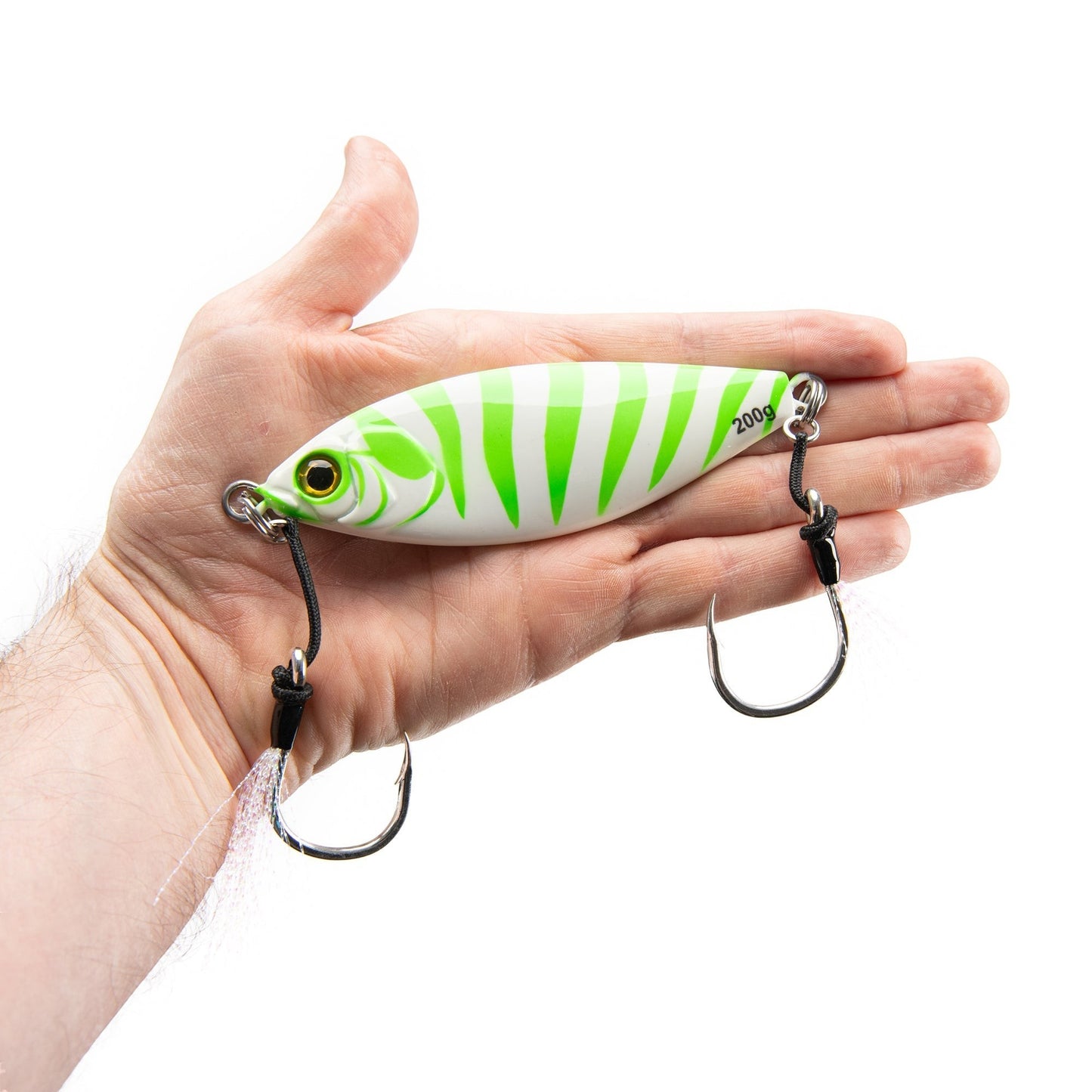 Dogfish Tackle & Marine Angler Co Widowmaker Jig, 200g slow pitch jig with white and green stripes, shad-profile body, and two sharp hooks.