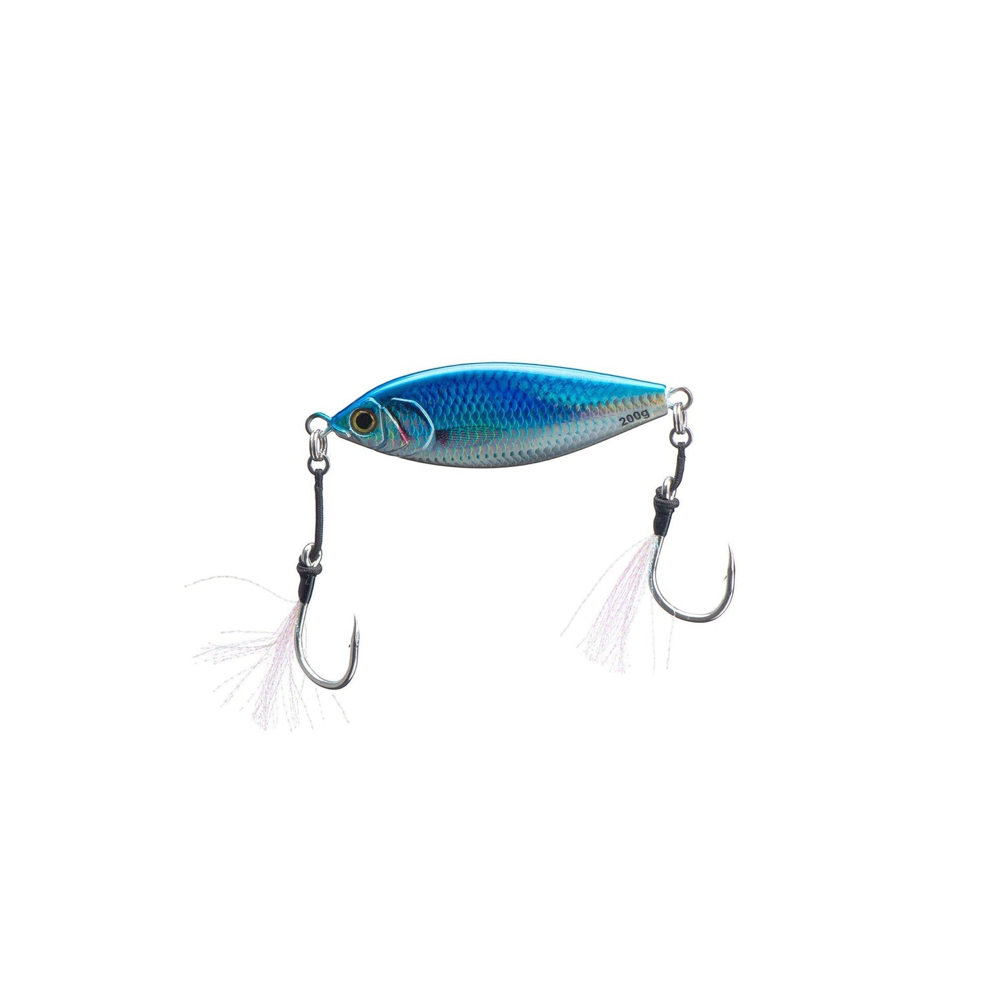 Dogfish Tackle & Marine Angler Co Widowmaker Jig, blue metallic slow pitch jig with shad profile, 200g weight, and feathered assist hooks.
