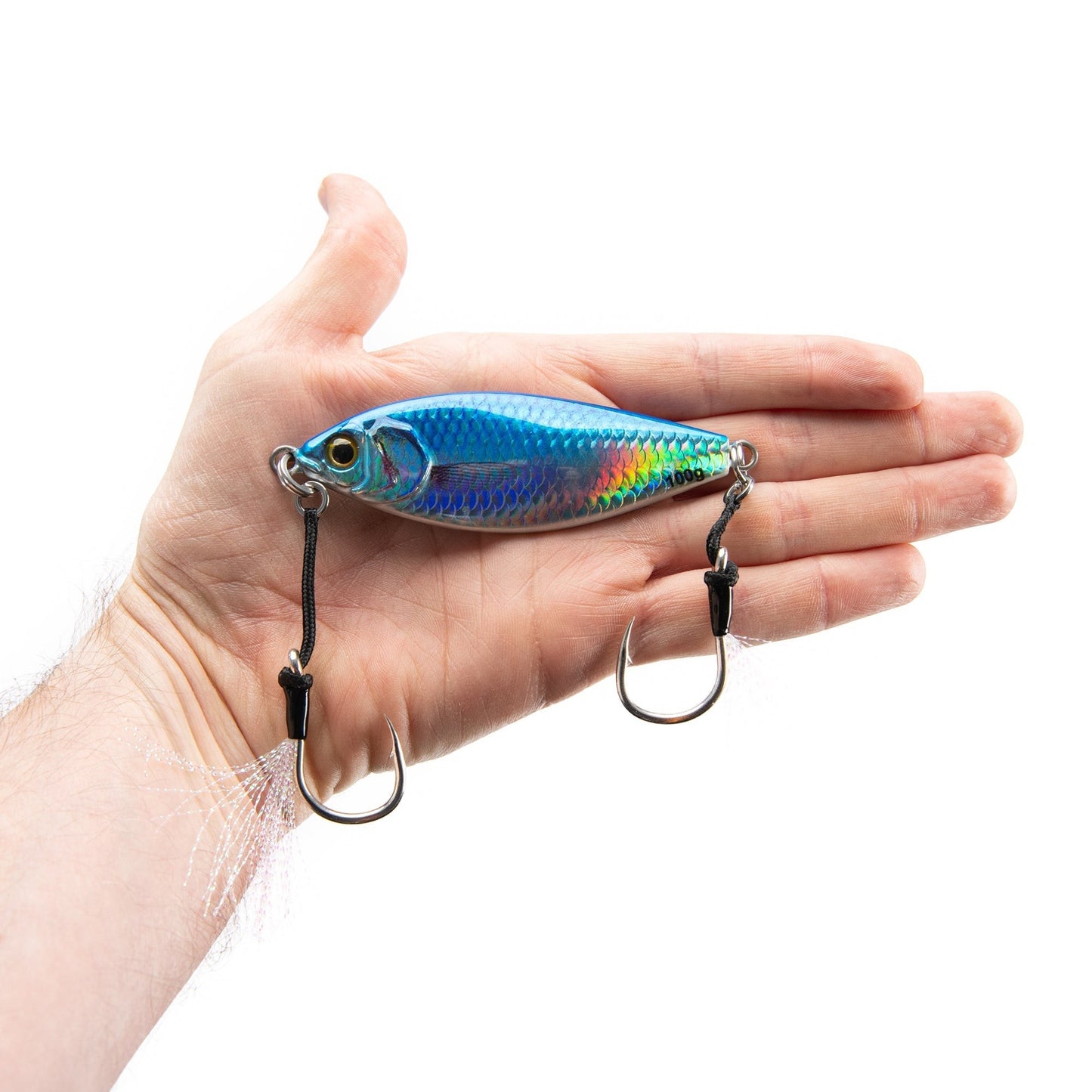 Dogfish Tackle & Marine Angler Co Widowmaker blue slow pitch jig with shad-profile body and two hooks