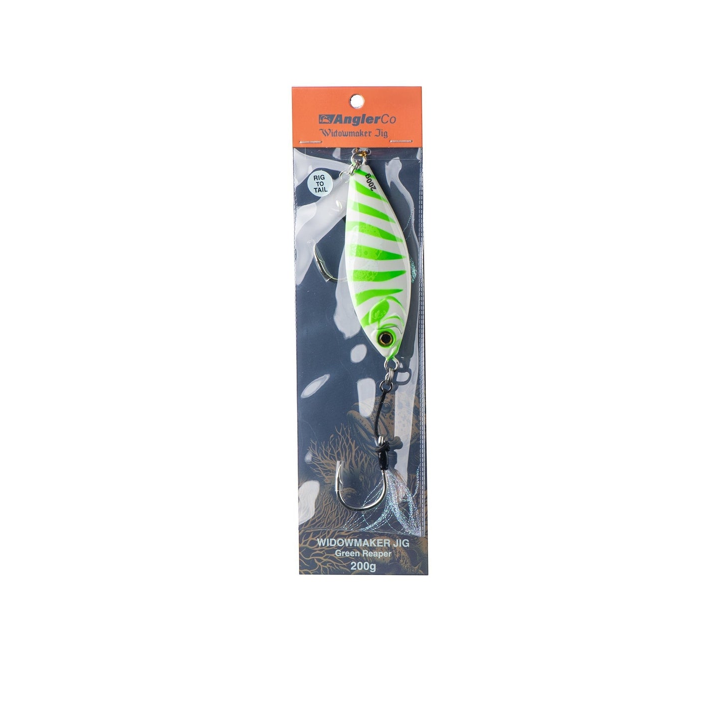 Dogfish Tackle & Marine Angler Co Widowmaker Jig, 200g, green and white striped slow pitch fishing lure with shad profile.