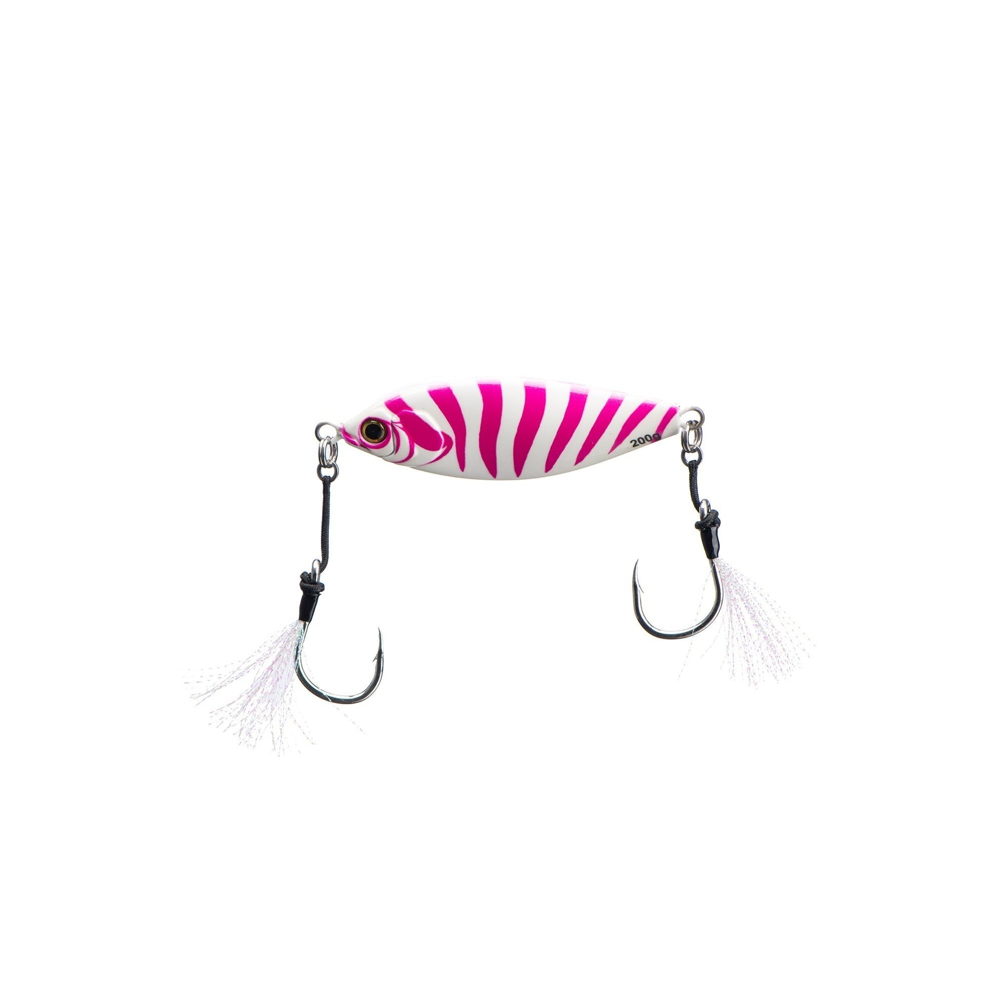 Dogfish Tackle & Marine Angler Co Widowmaker Jig, 200g, white with pink stripes, slow pitch fishing lure with two treble hooks.