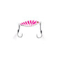 Dogfish Tackle & Marine Angler Co Widowmaker slow pitch jig, white with pink stripes, shad profile, two treble hooks with white feather assist.