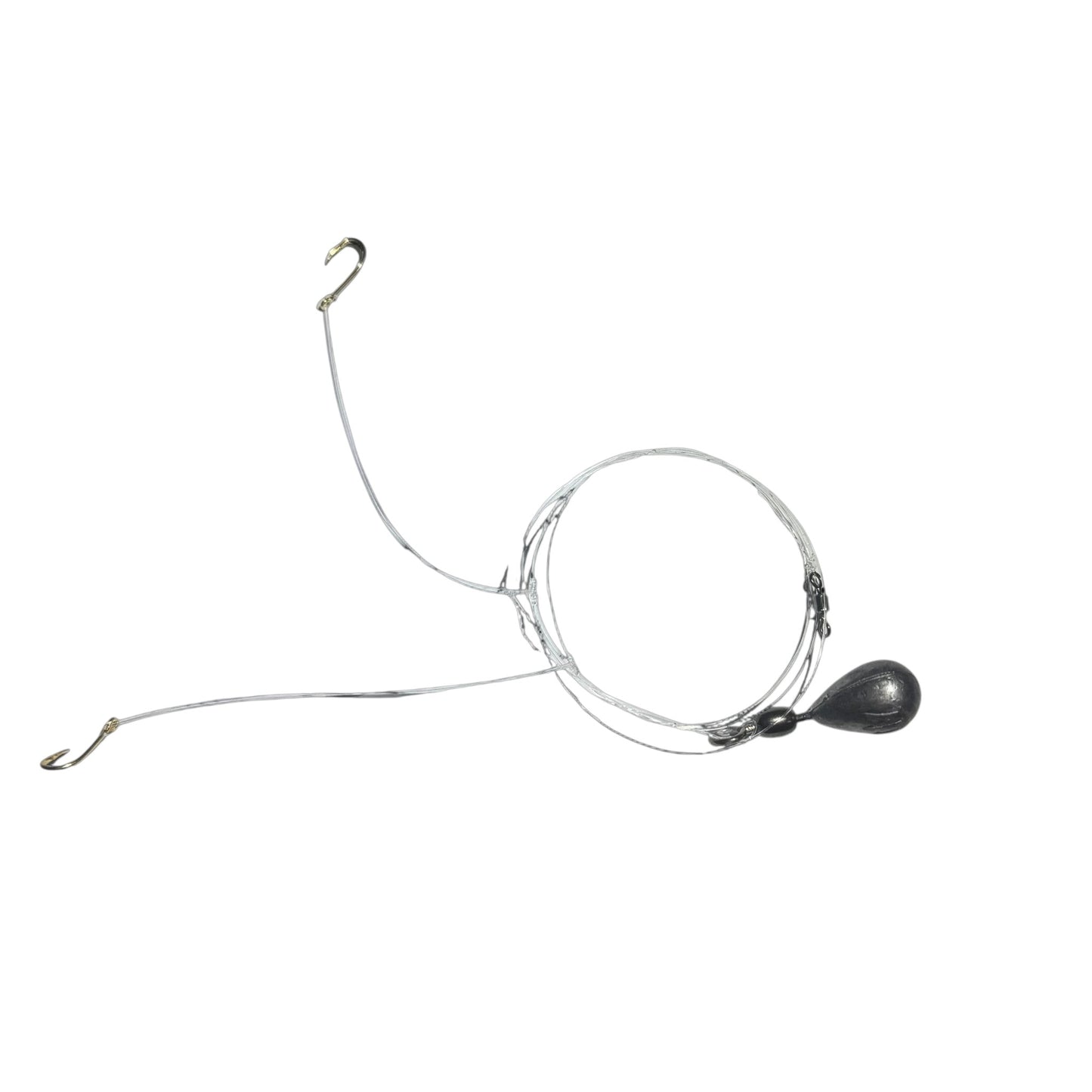 Dogfish Tackle & Marine hand-tied baitfish rig with two gold Mustad J hooks, monofilament line, and casting weight.
