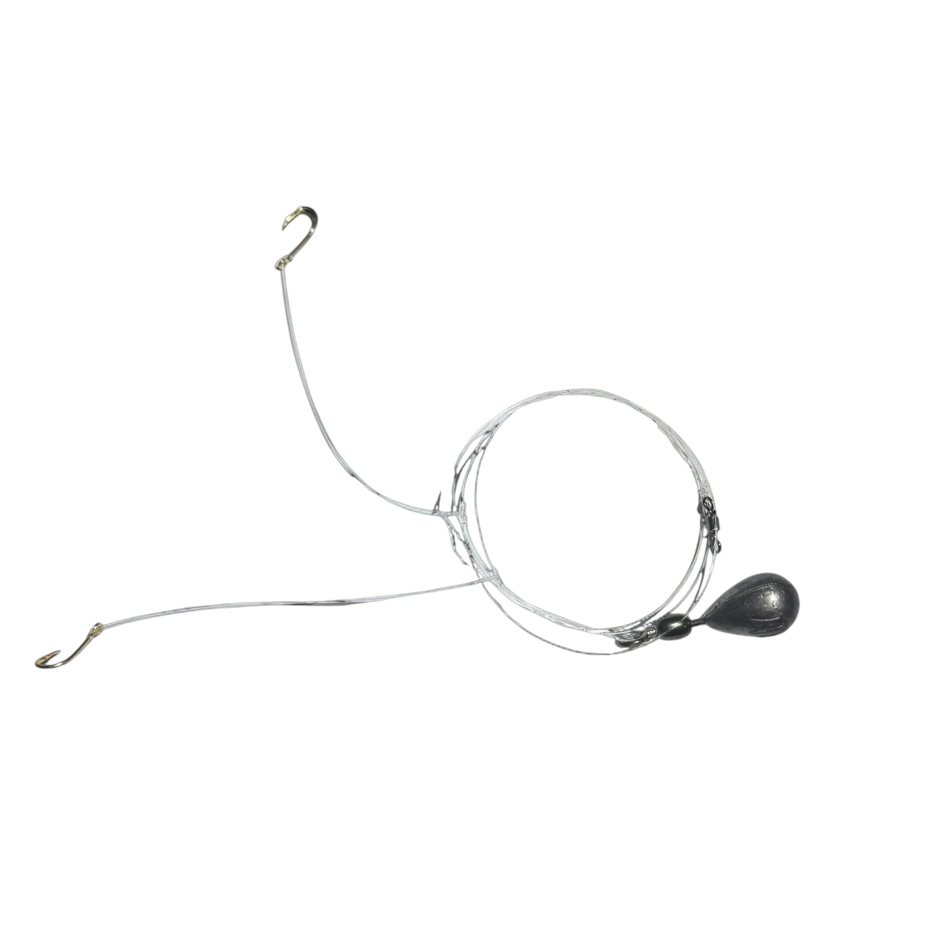 Dogfish Tackle & Marine hand-tied baitfish rig with two gold Mustad J hooks, monofilament line, and casting weight.