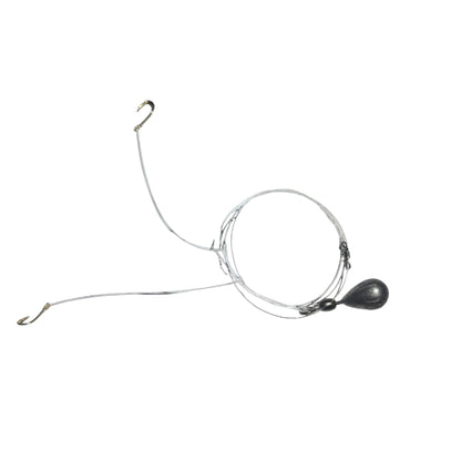 Dogfish Tackle & Marine hand-tied baitfish rig with two gold Mustad J hooks, monofilament line, and casting weight.