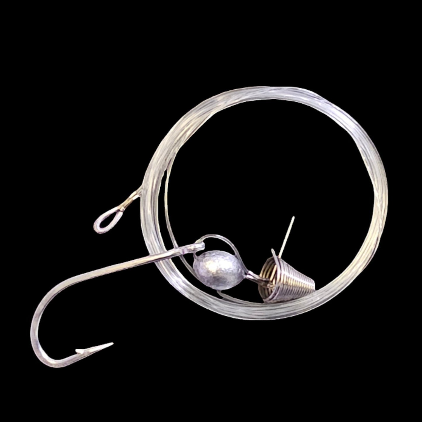 Dogfish Tackle & Marine pre-made ballyhoo fishing rig with 60-80lb monofilament line, Oshaunessy hook, and chin weight.