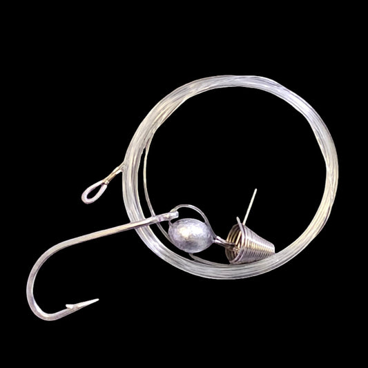 Dogfish Tackle & Marine pre-made ballyhoo fishing rig with 60-80lb monofilament line, Oshaunessy hook, and chin weight.