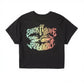 Dogfish Tackle & Marine black cropped t-shirt with "Stick Figure" and fish graphic in rainbow gradient.