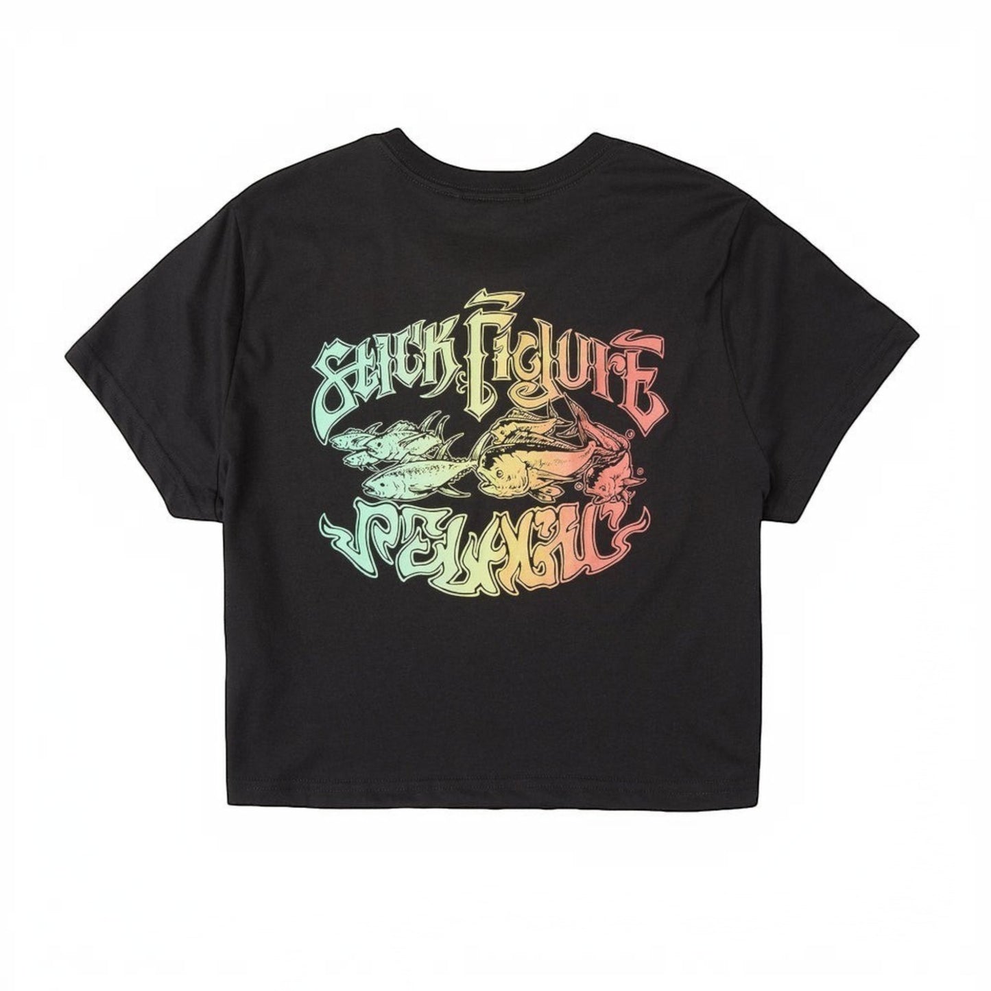 Dogfish Tackle & Marine black cropped t-shirt with "Stick Figure" and fish graphic in rainbow gradient.