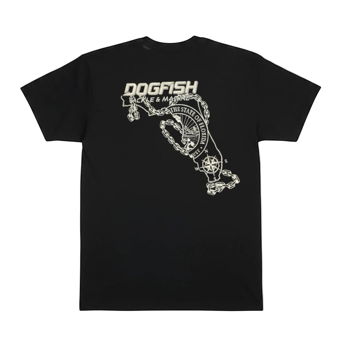 Dogfish Tackle & Marine black short sleeve t-shirt with Florida map graphic and compass rose. Poly-cotton blend.