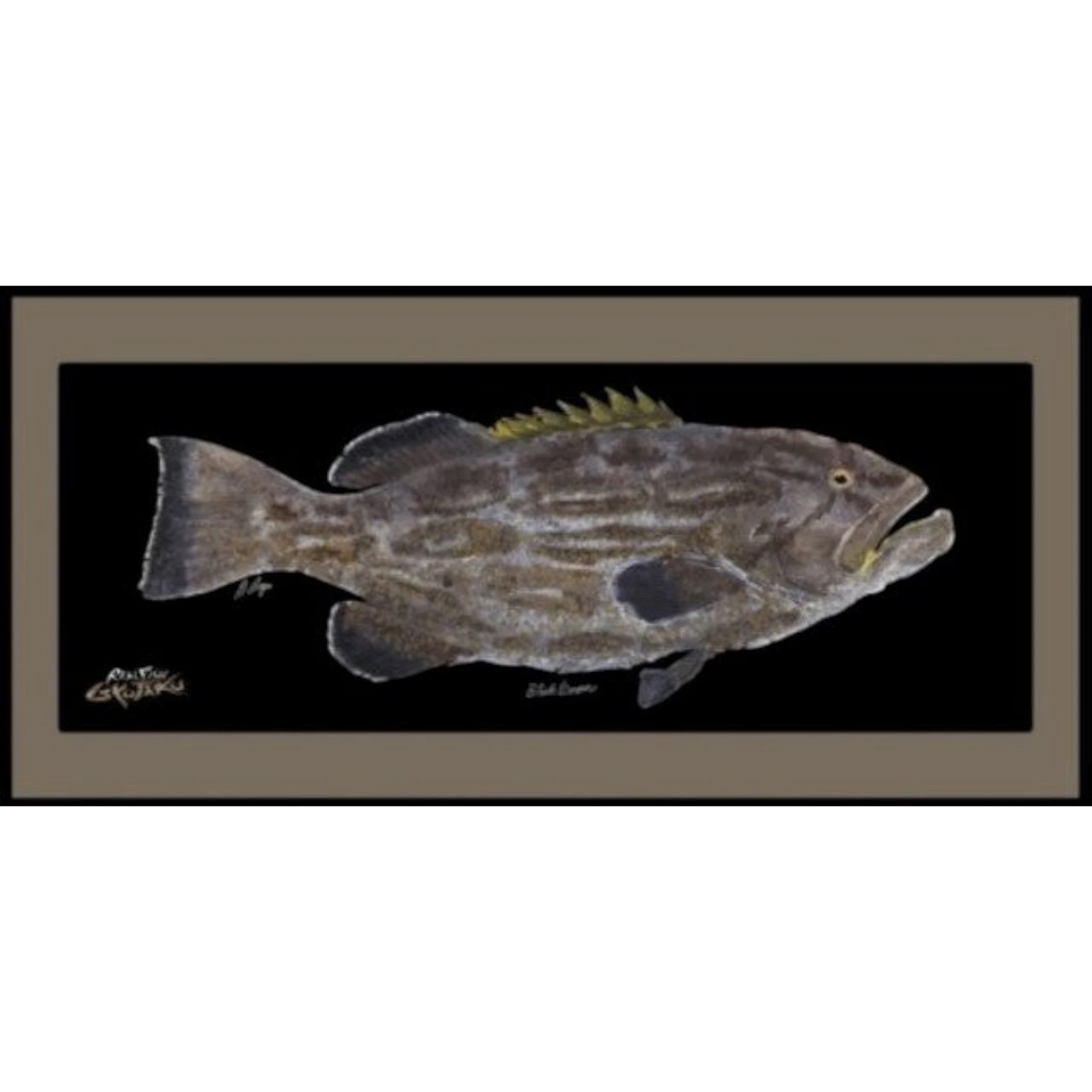Dogfish Tackle & Marine Realfish indoor outdoor floor mat featuring a detailed Gyotaku black grouper fish print.