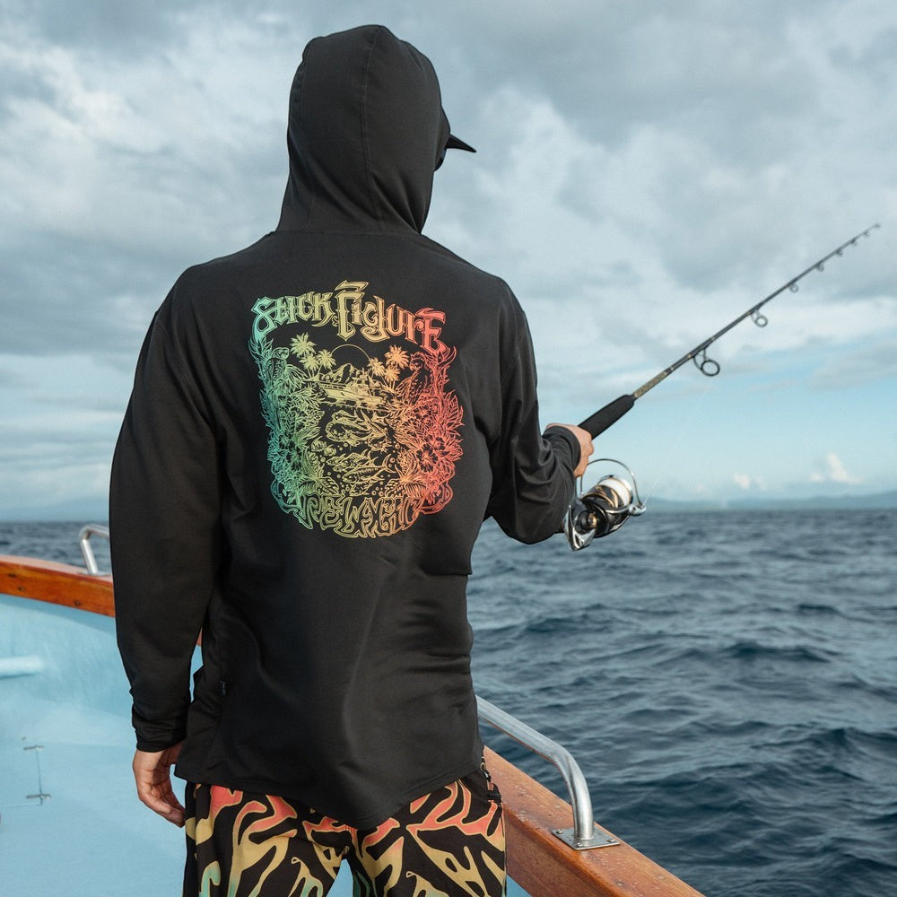 Dogfish Tackle & Marine black long-sleeve hooded shirt with colorful graphic on back, thumbholes, and kangaroo pocket.
