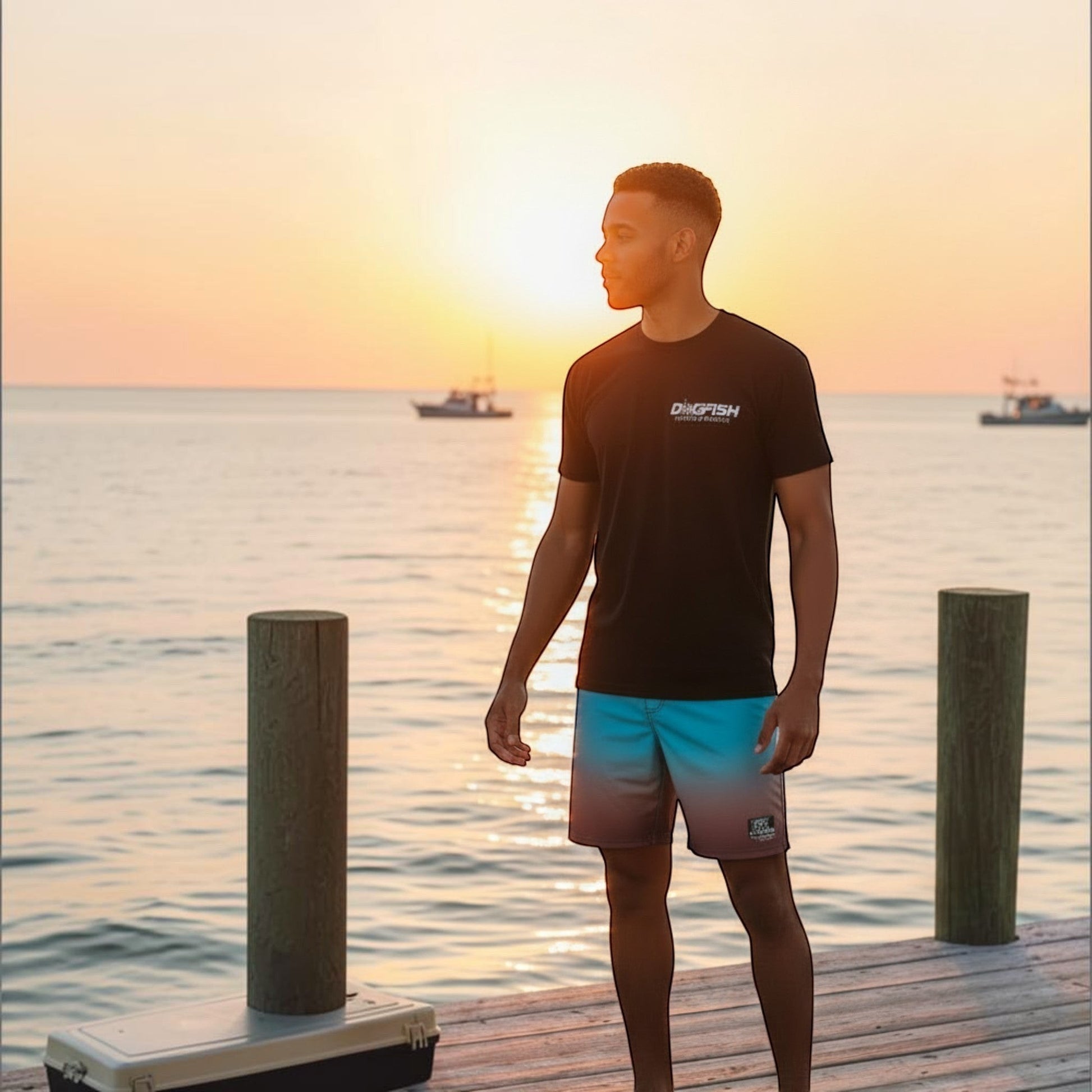 Dogfish Tackle & Marine black short sleeve t-shirt with Florida Unchained logo, worn by a man on a dock at sunset.